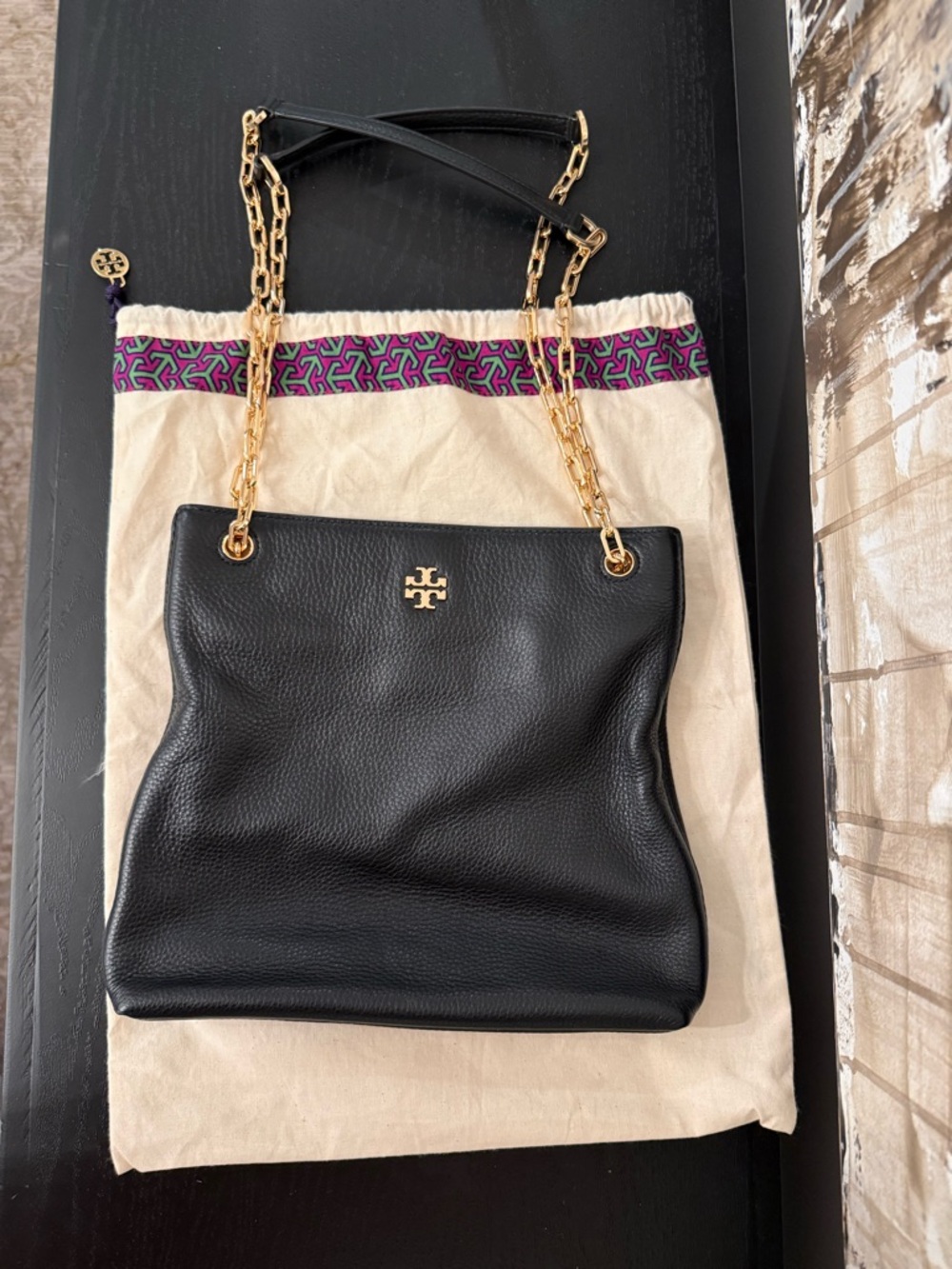 Tory Burch Black Pebbled Leather Shoulder Bag with Gold Chain